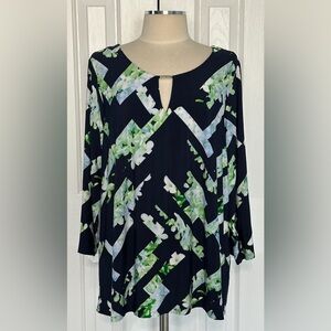Calvin Klein Blue Floral Geometric Keyhole Top 2X Plus Size Flowy Blouse